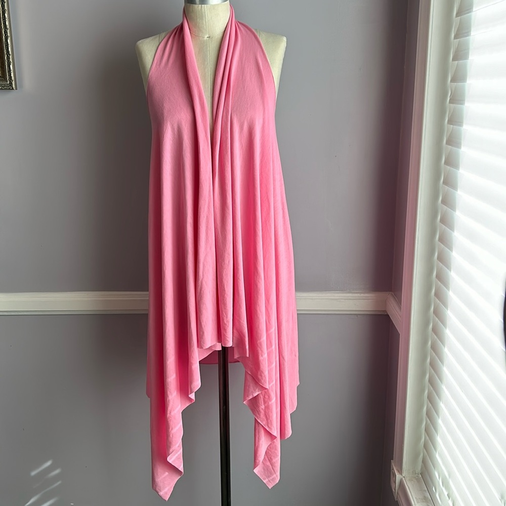 Pink open front draped halter vest beach coverup